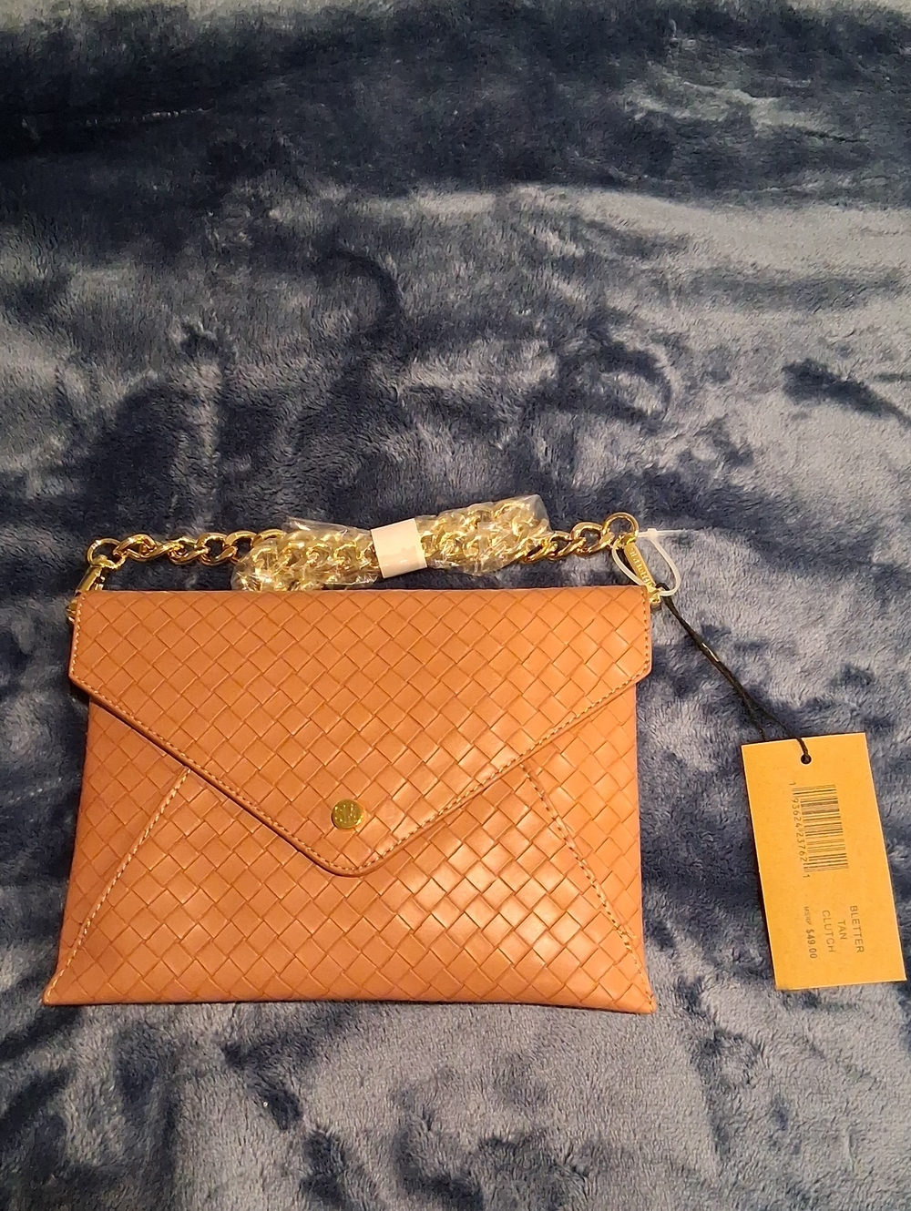 Steve Madden Tan Woven Envelope Clutch with Gold Chain